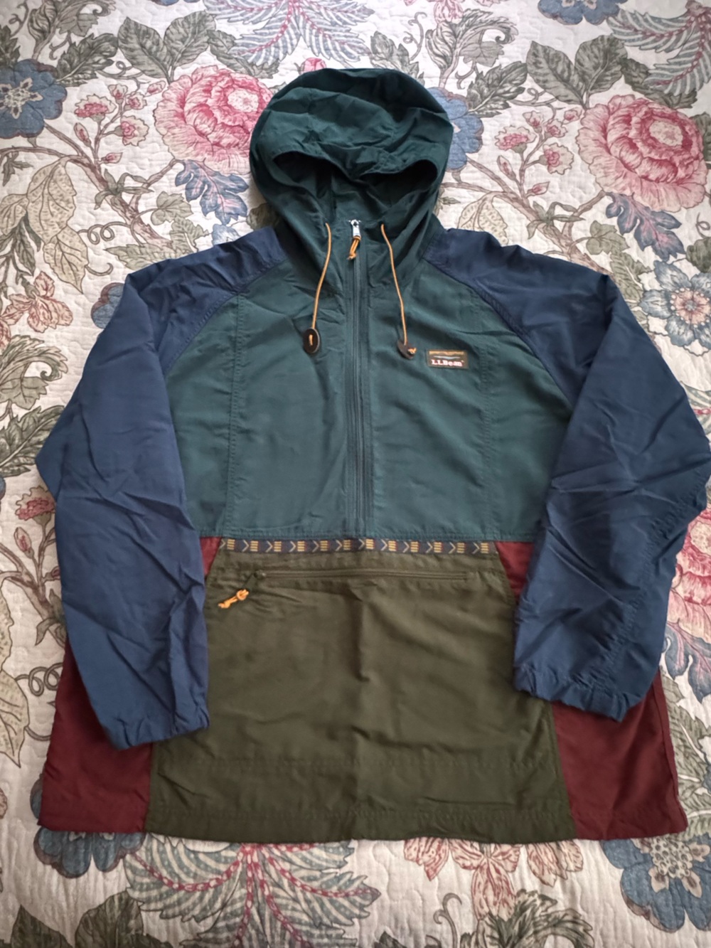 L.L. Bean Men's Colorblock Hooded Anorak Jacket - Teal/Blue/Burgundy/Olive
